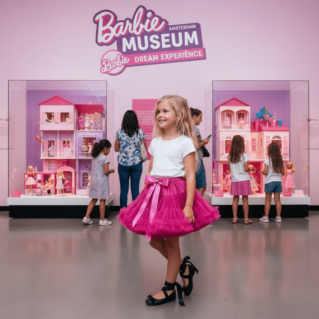 Young girl in a pink skirt standing in front of Barbie Museum exhibits.