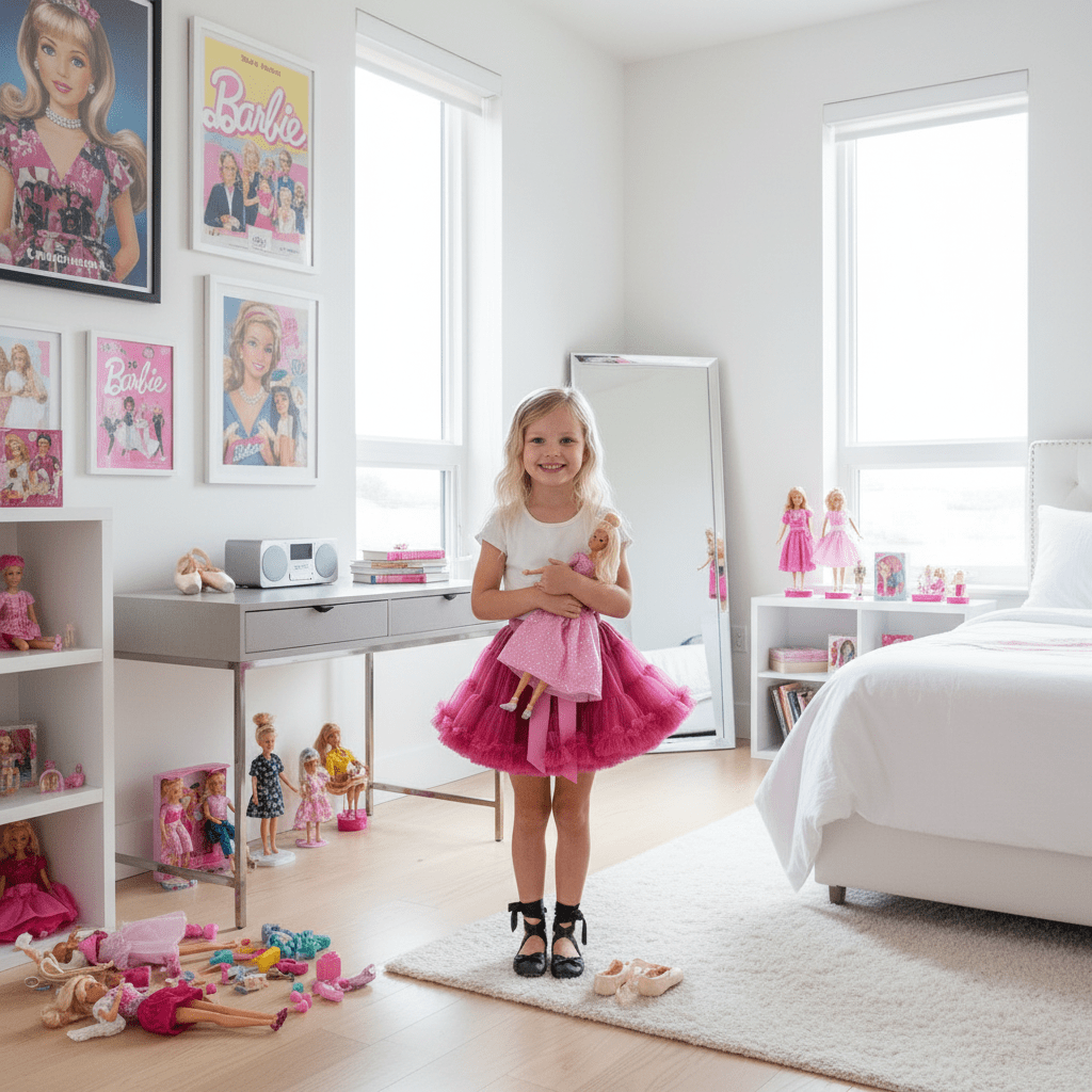 Young girl in a bedroom holding a doll, surrounded by Barbie dolls and furniture.