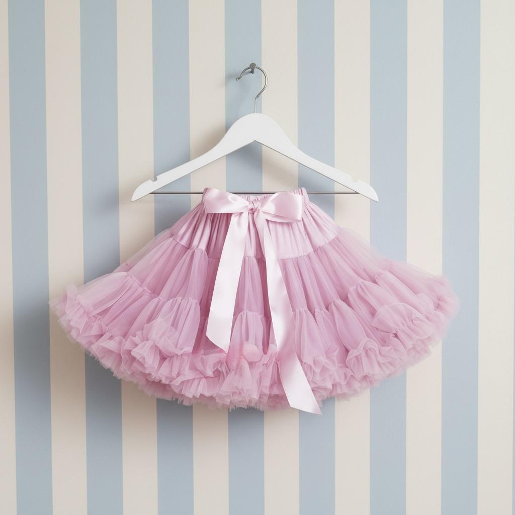 Pink tutu skirt on a hanger against a striped wall.
