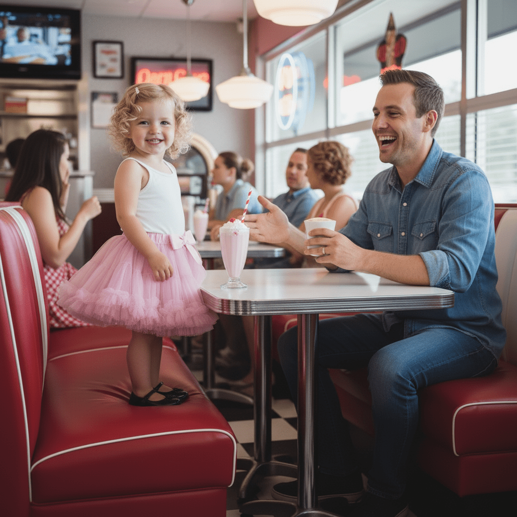 Man and child in a diner, enjoying milkshakes together.