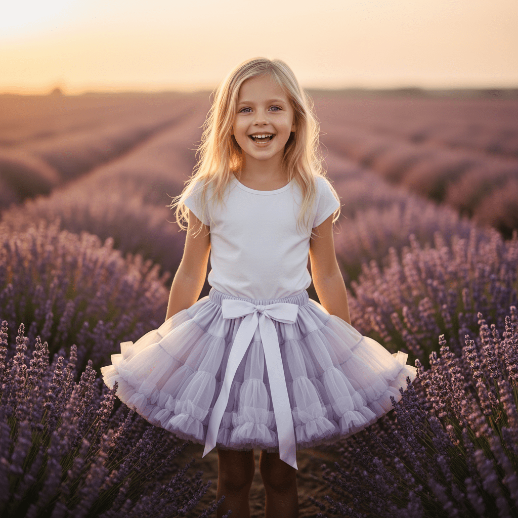 Young girl in a white top and purple skirt standing in a lavender field at sunset.