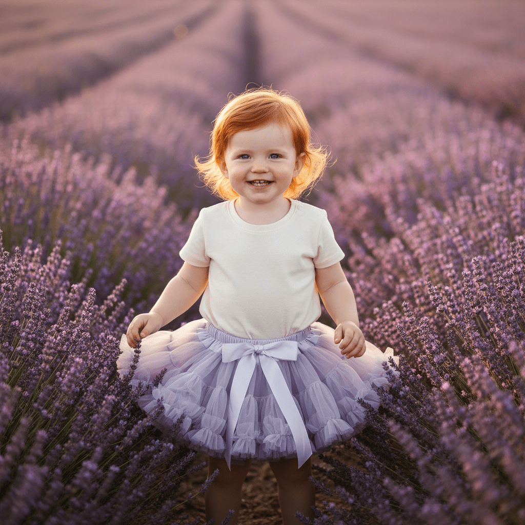 Child in a lavender field wearing a white shirt and purple tutu skirt.