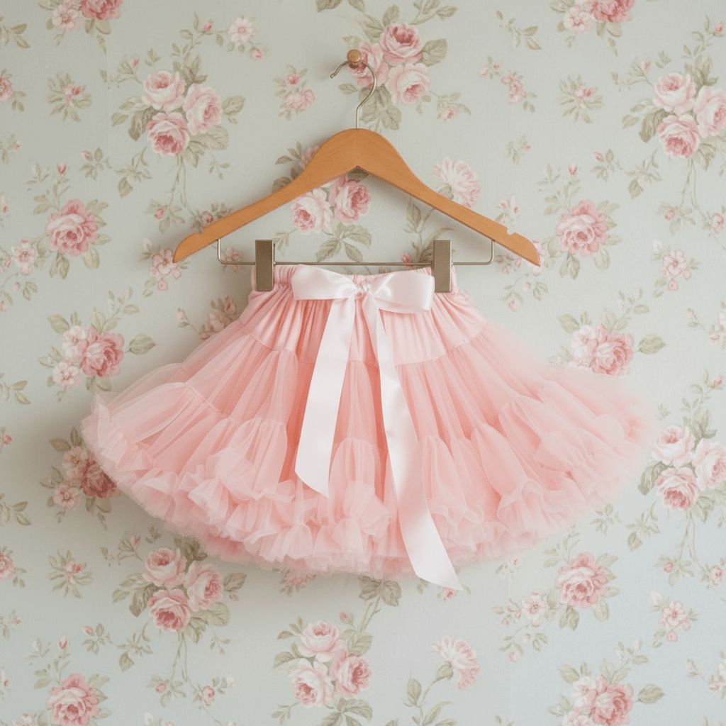 Pink tutu skirt on a hanger against a floral wallpaper background