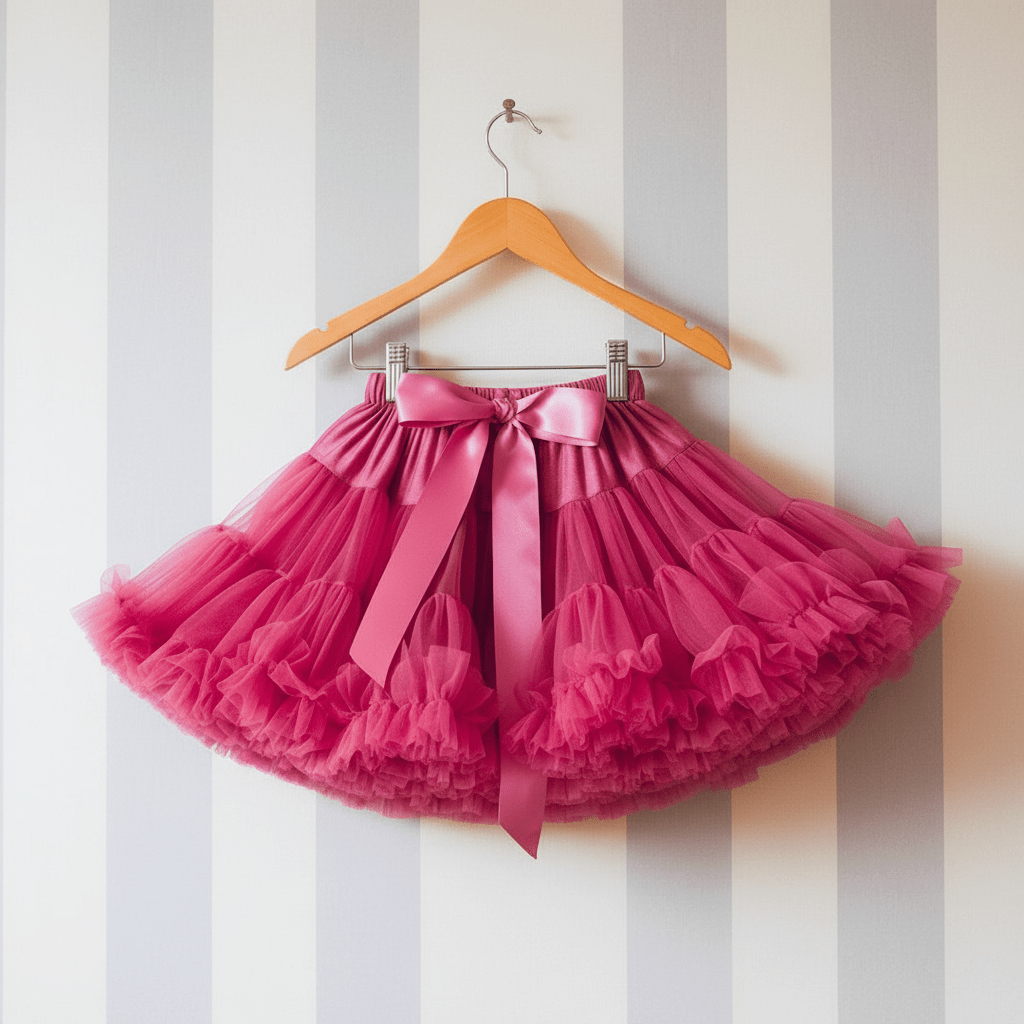 Pink tutu skirt with a bow on a hanger against a striped wall.