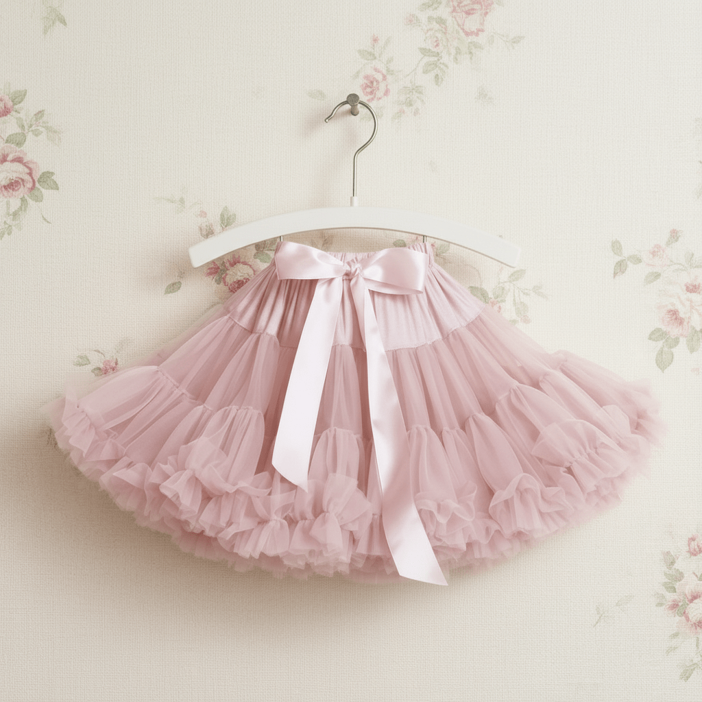 Pink tutu skirt with a bow on a floral wallpaper background