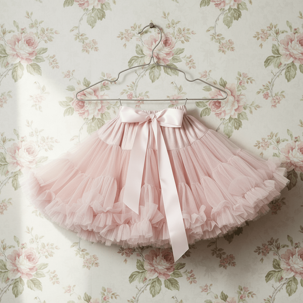 Pink tutu skirt with a bow on a floral hanger against a floral wallpaper background