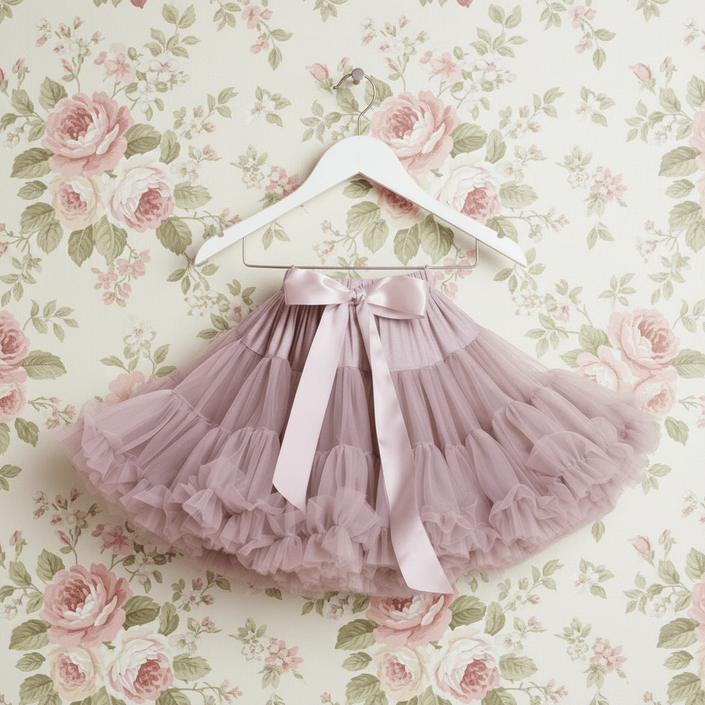 Pink tutu skirt with a bow on a hanger against a floral wallpaper background