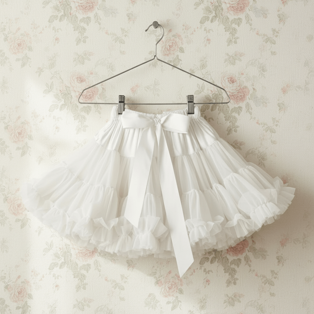 White tulle skirt on a hanger against a floral wallpaper background