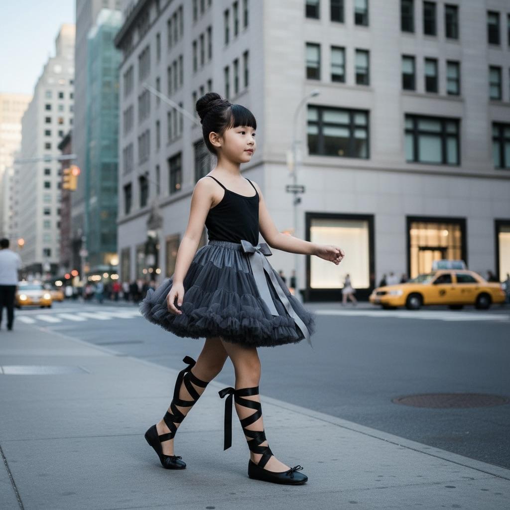 Young girl in a black dress with a gray tutu standing on a city street.