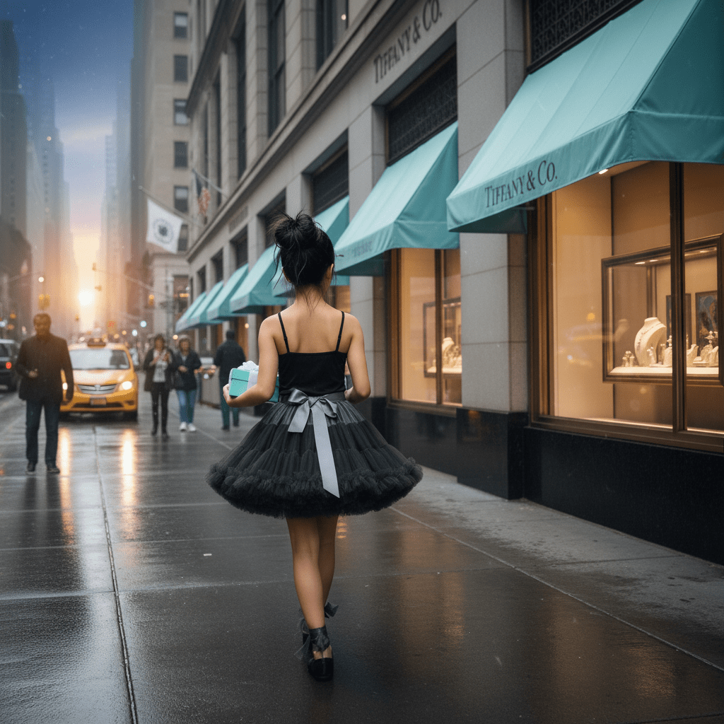 Woman in a black dress walking past Tiffany & Co. store on a city street.