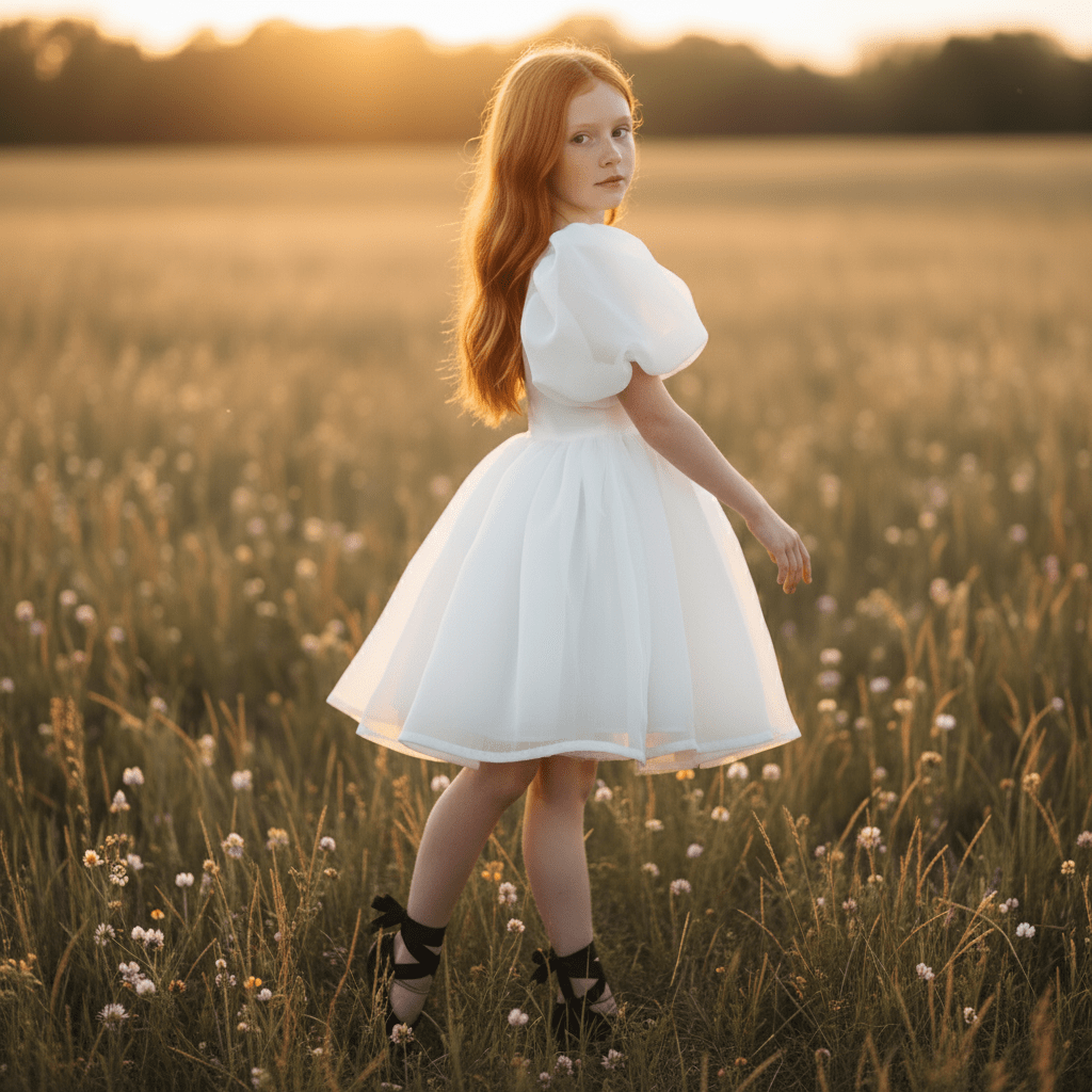 Girl in a white dress standing in a field at sunset