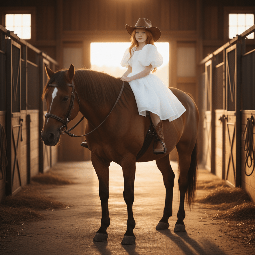Girl in a white dress and cowboy hat sitting on a brown horse in a stable.