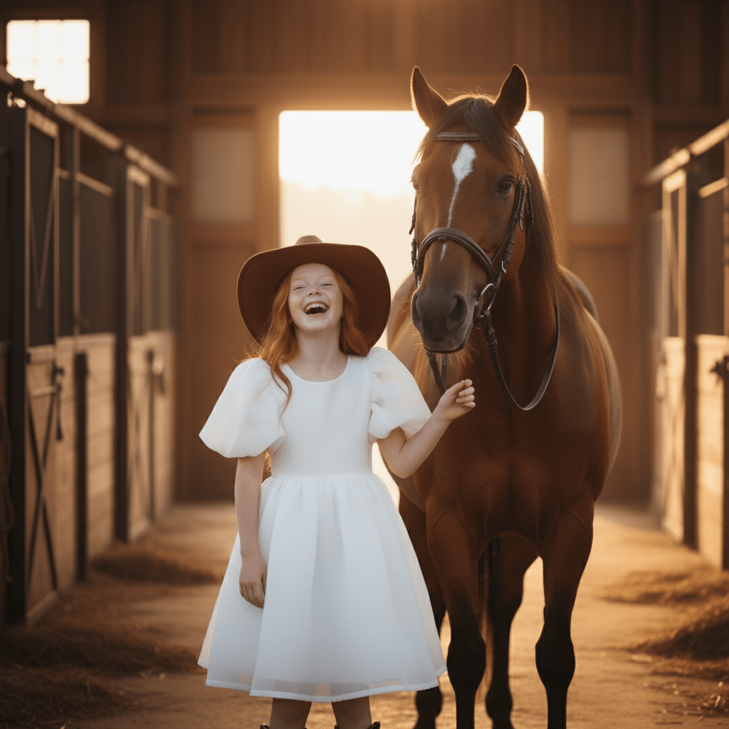 Girl in a white dress and hat standing next to a brown horse in a stable.