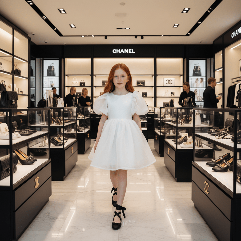 Girl in a white dress standing in a Chanel store with shelves of bags and accessories.