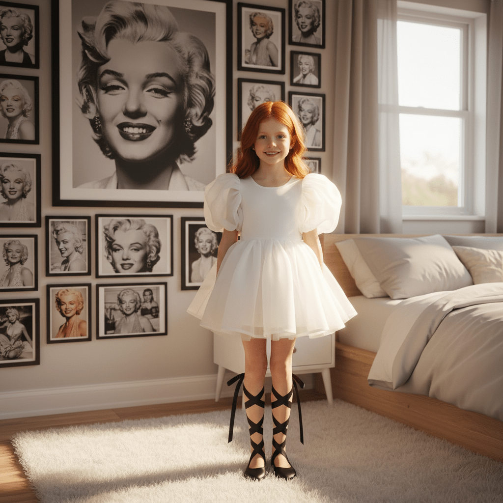 Girl in a white dress standing in a room with framed pictures on the wall.