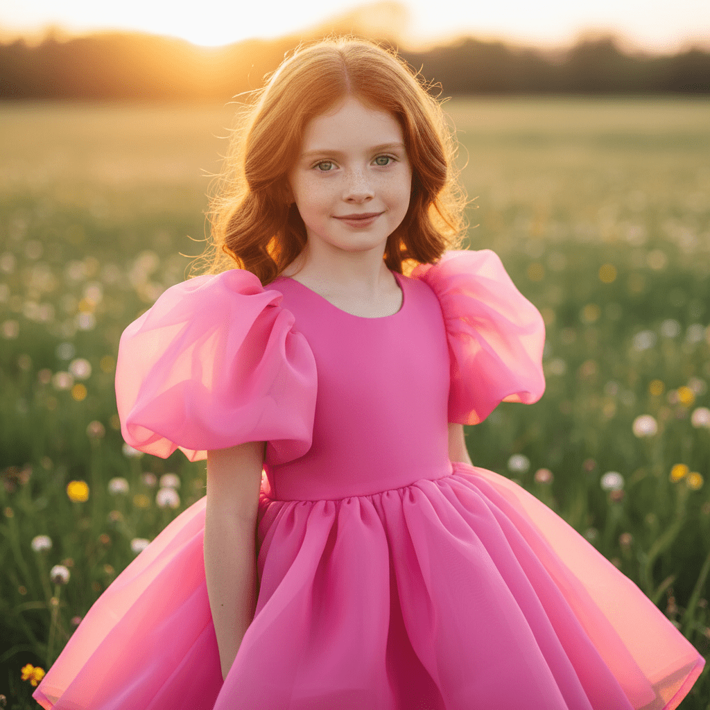 Young girl in a pink dress standing in a field of flowers at sunset.