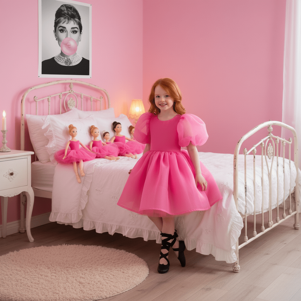 Young girl in a pink dress standing in a bedroom with a bed and dolls.