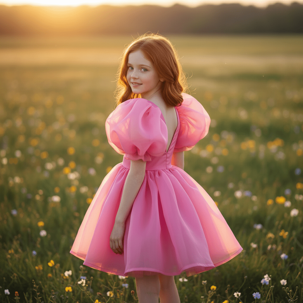 Young woman in a pink dress standing in a field of flowers at sunset.
