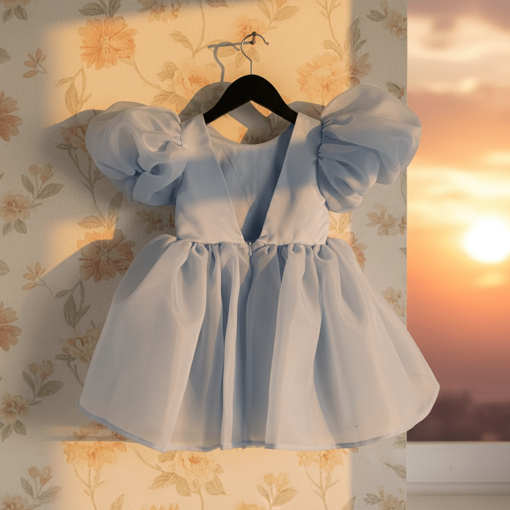 Light blue dress from DOLLY Le Petit Tom® on a hanger against a floral wallpaper background with a sunset.