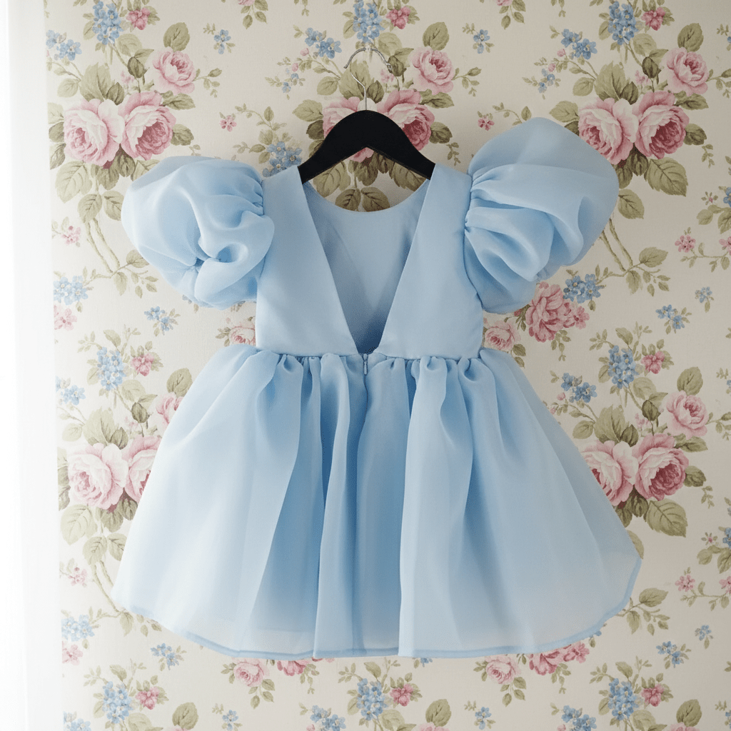 Light blue dress from DOLLY Le Petit Tom® with puffed sleeves on a floral wallpaper background