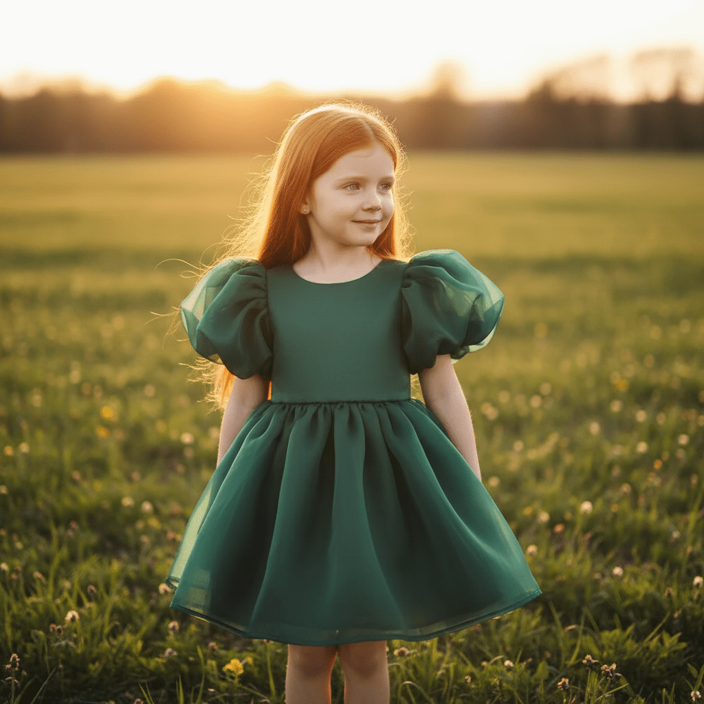 Young girl in a green dress standing in a field at sunset