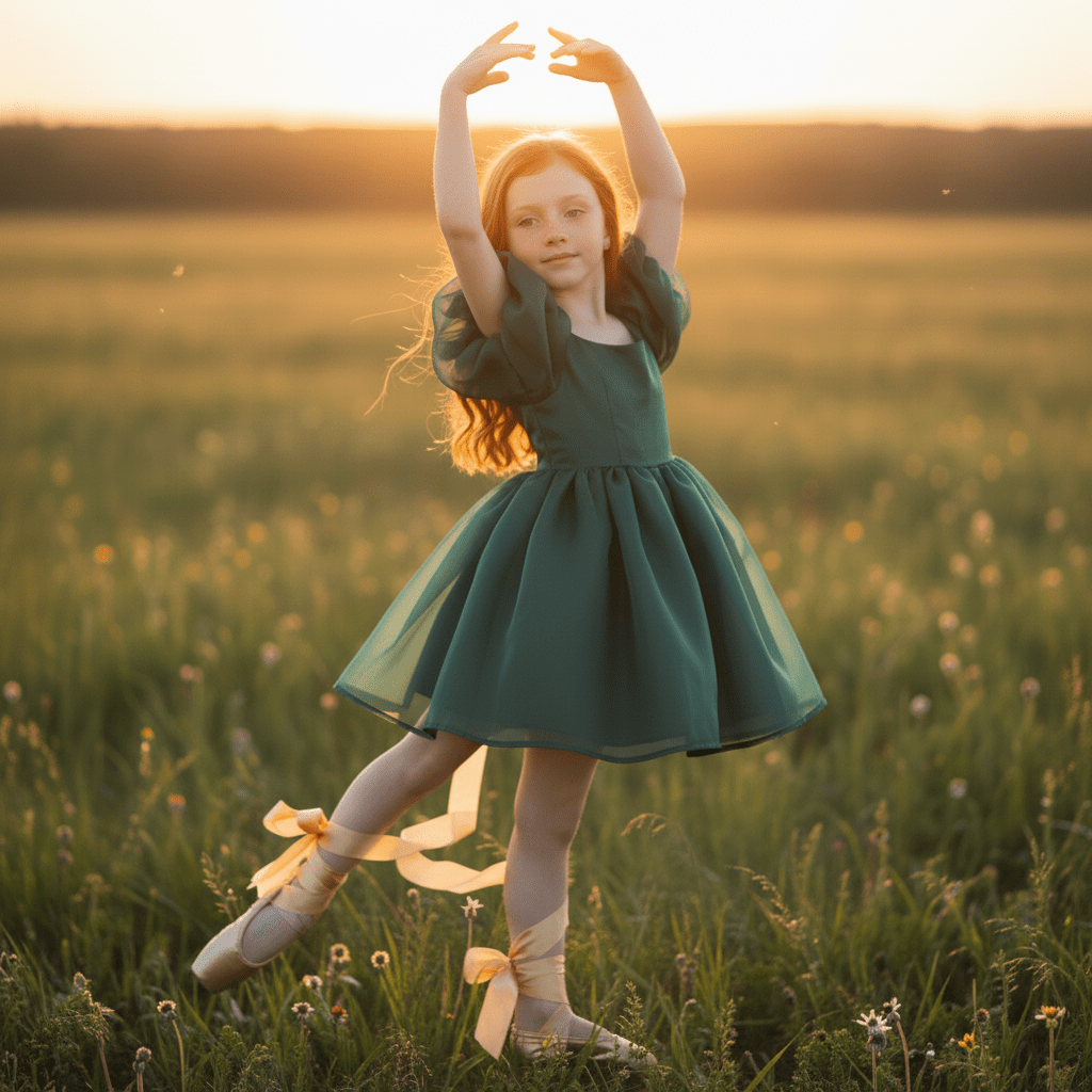 Young girl in a green dress and ballet shoes standing on one leg in a field at sunset.