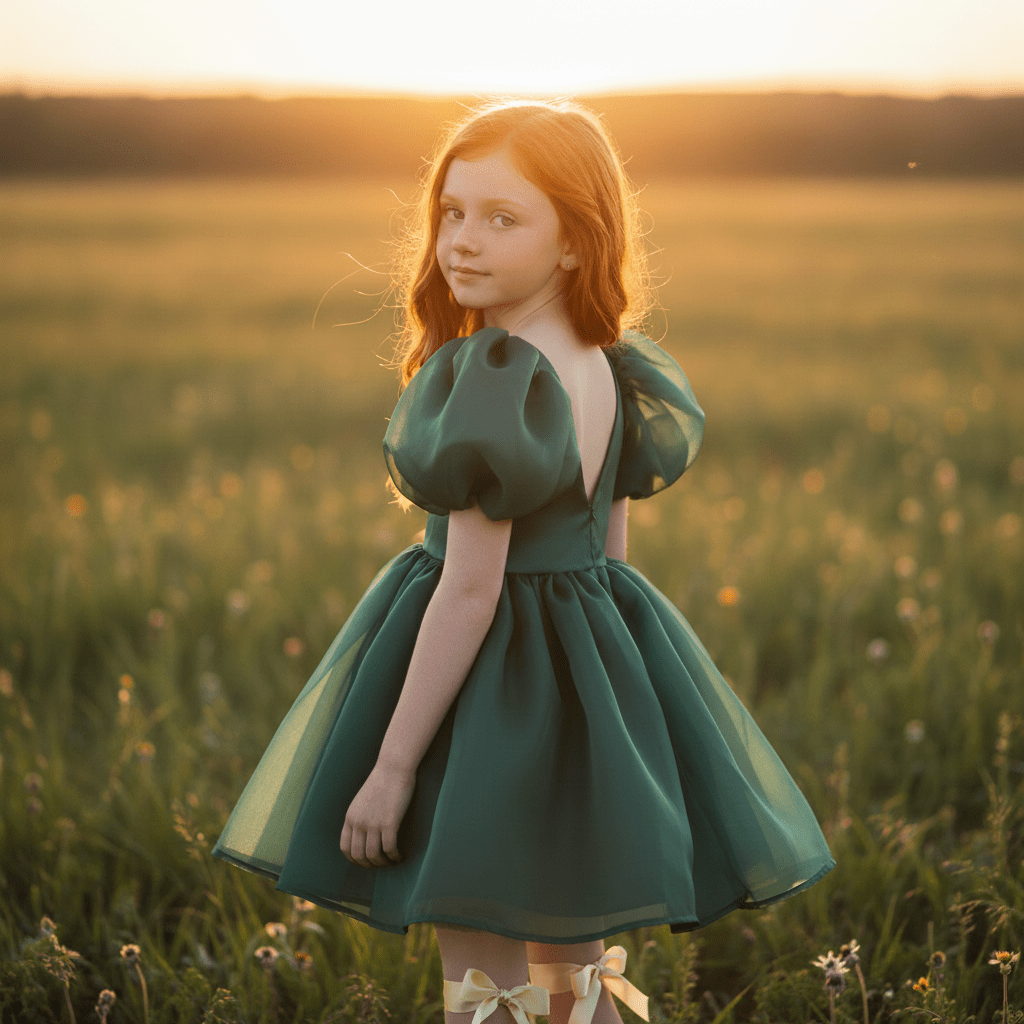 Young girl in a green dress standing in a field at sunset
