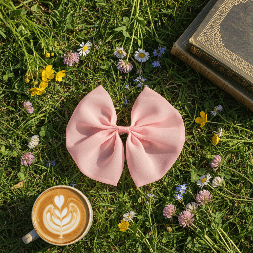 Pink bow on grass with a cup of coffee and book