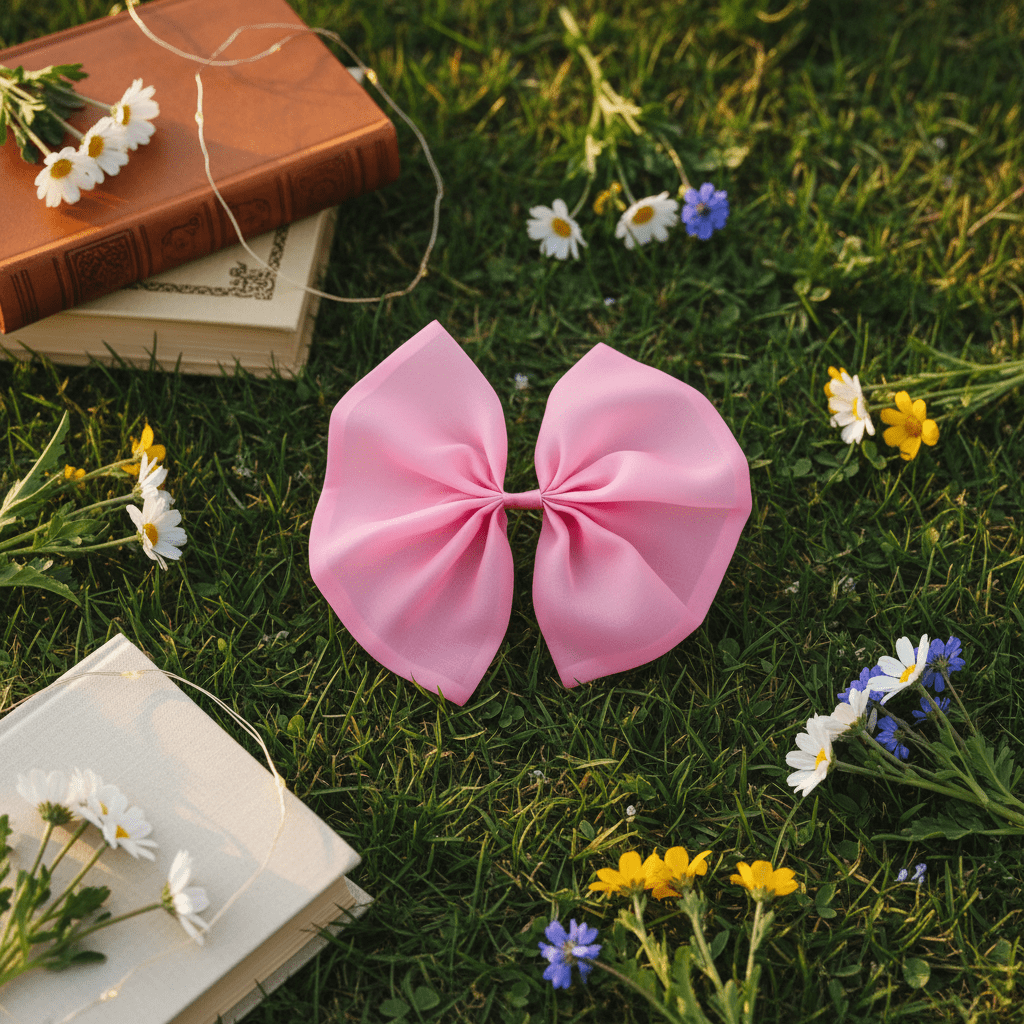 Pink bow on grass with books and flowers
