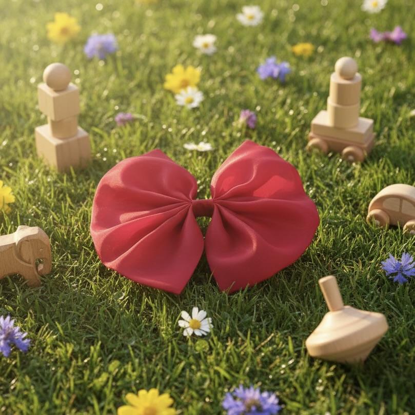 Red bow on grass with wooden toys and flowers