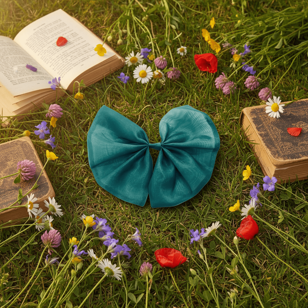 Teal bow on grass with books and flowers