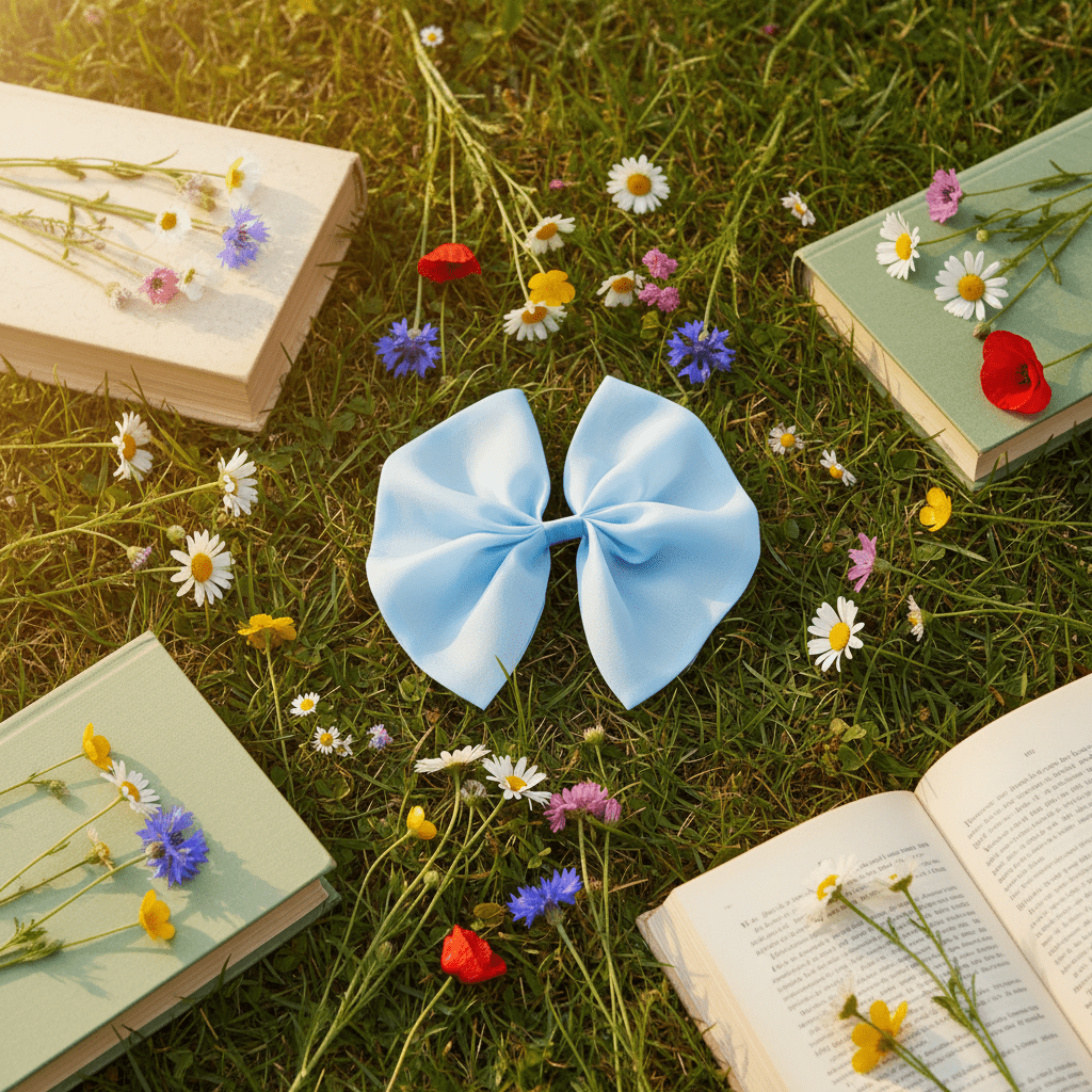 A blue hair bow from DOLLY Le Petit Tom® on grass with books and flowers