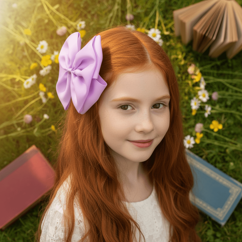 Young girl with red hair and a purple bow, from DOLLY Le Petit Tom® surrounded by books and flowers in a grassy field.