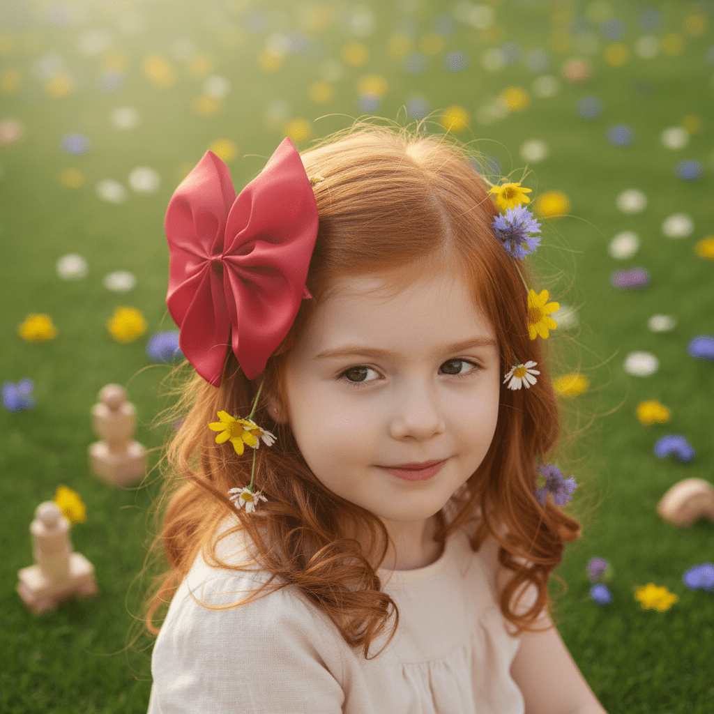 Young girl with a red bow in her hair standing in a field of flowers.