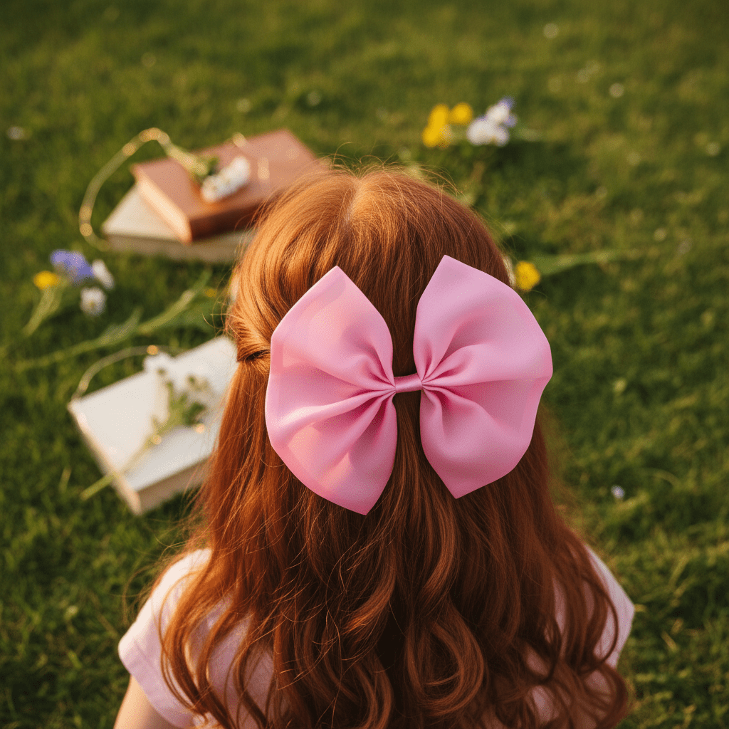 Person with pink hair bow sitting on grass with books and flowers