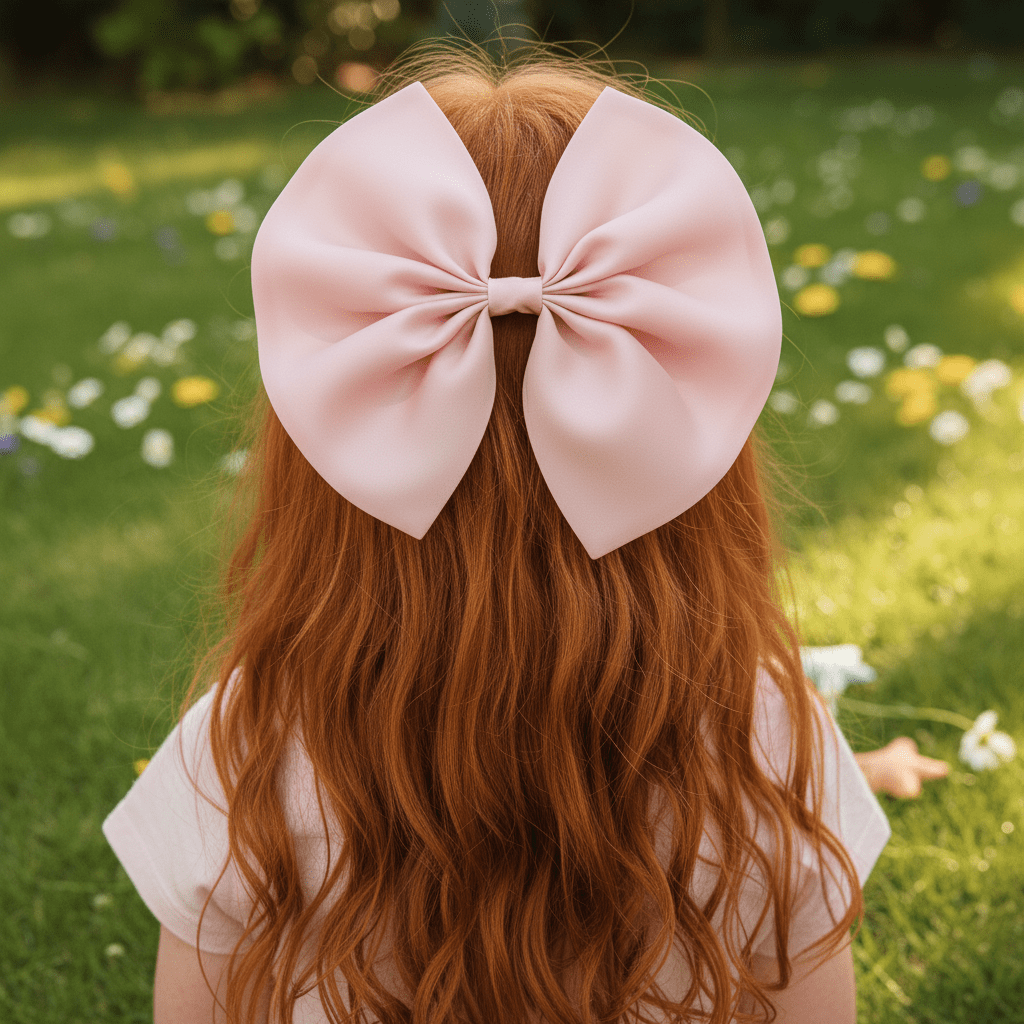 Person with long red hair wearing a large pink bow outdoors on a grassy field.