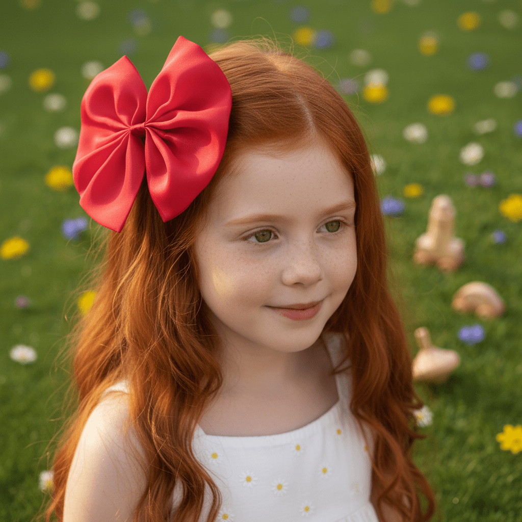 Young girl with a large red bow in her hair, standing in a field of flowers.