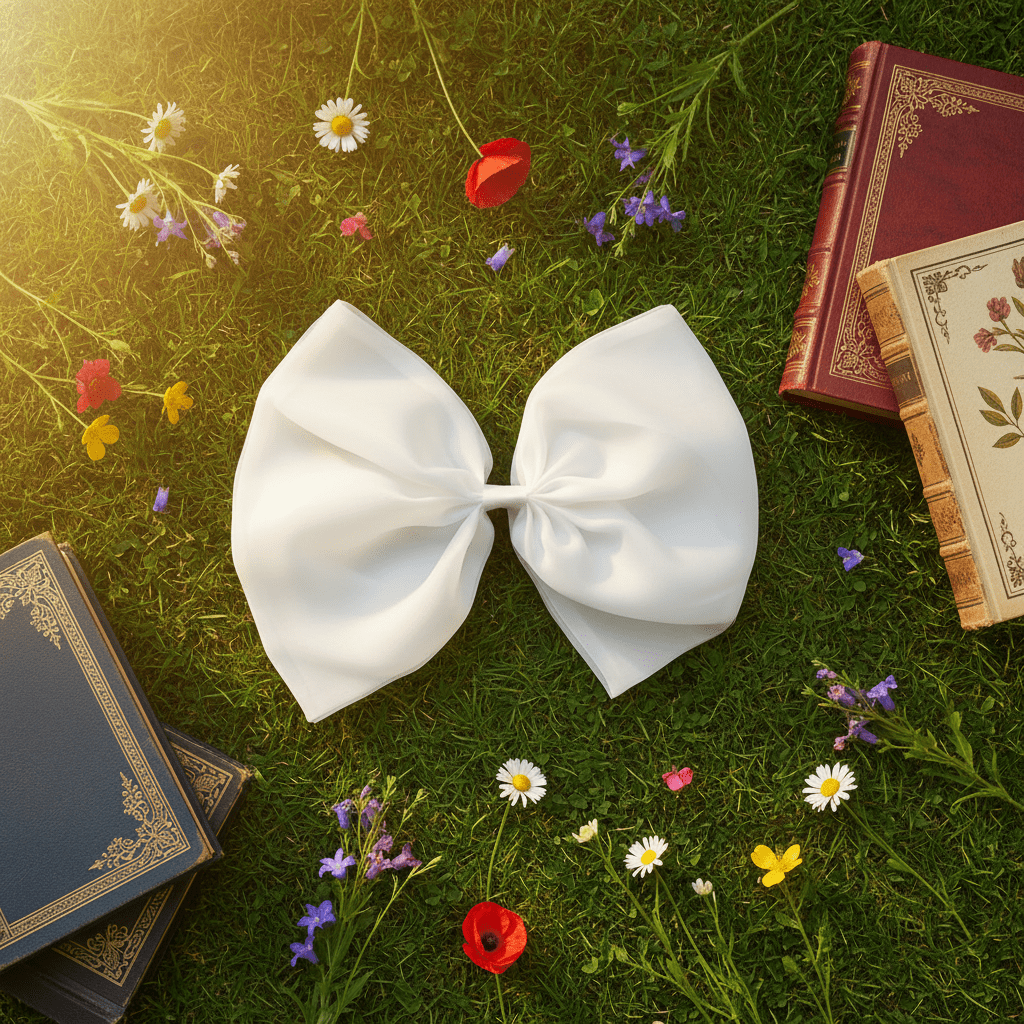 White bow tie from DOLLY Le Petit Tom® on grass with books and flowers