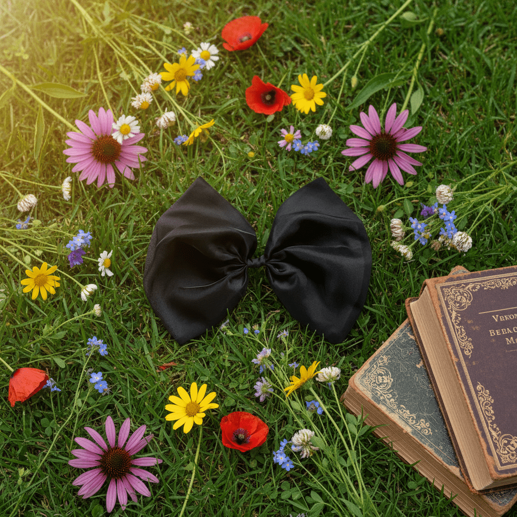 Black bow on grass with colorful flowers and vintage books