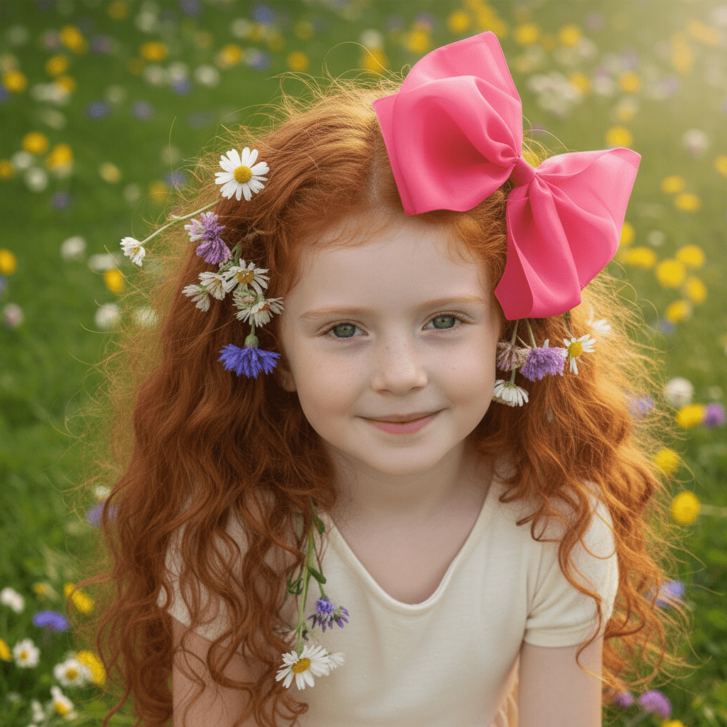 Young girl with red hair and a pink bow in a field of flowers