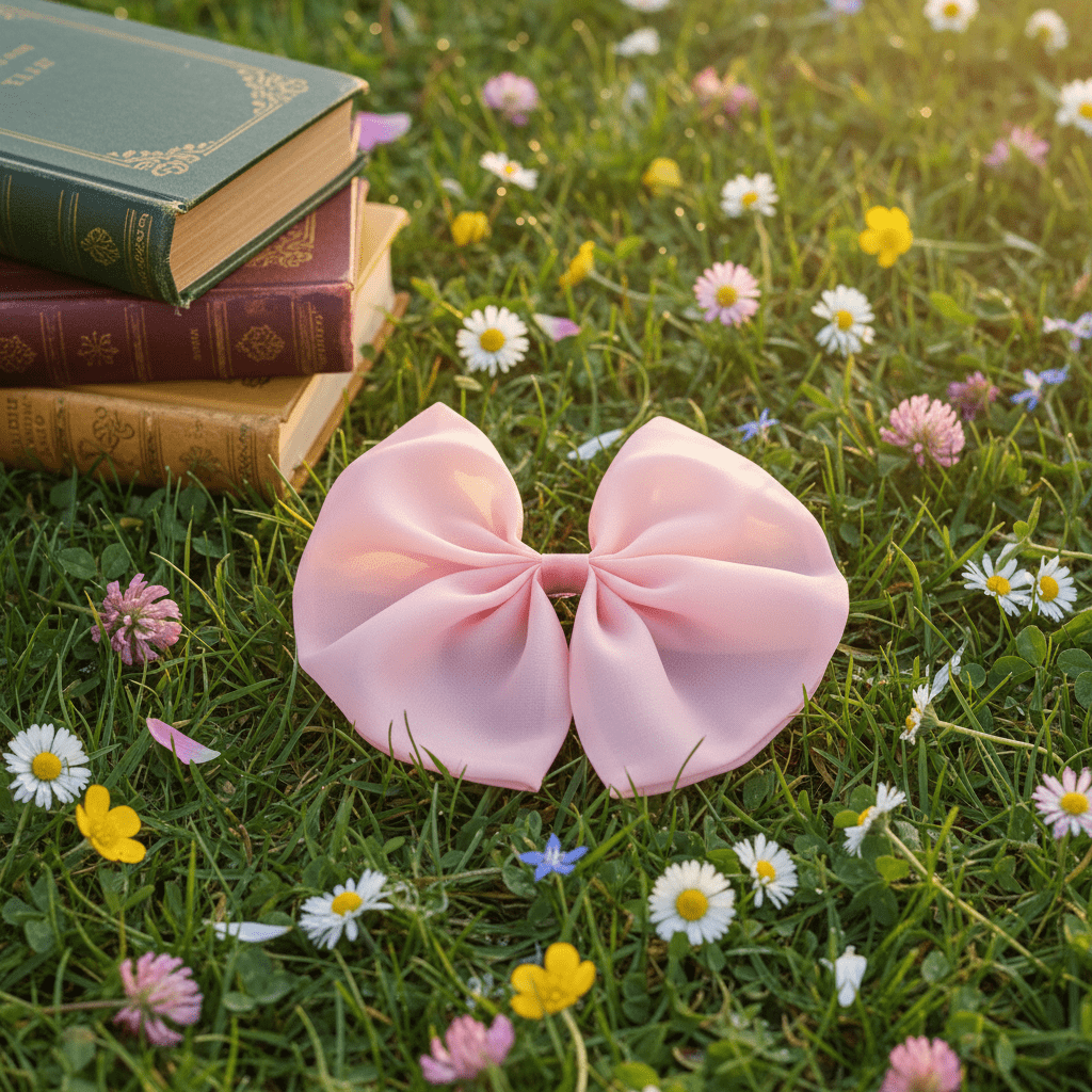 Pink bow on grass with books and flowers