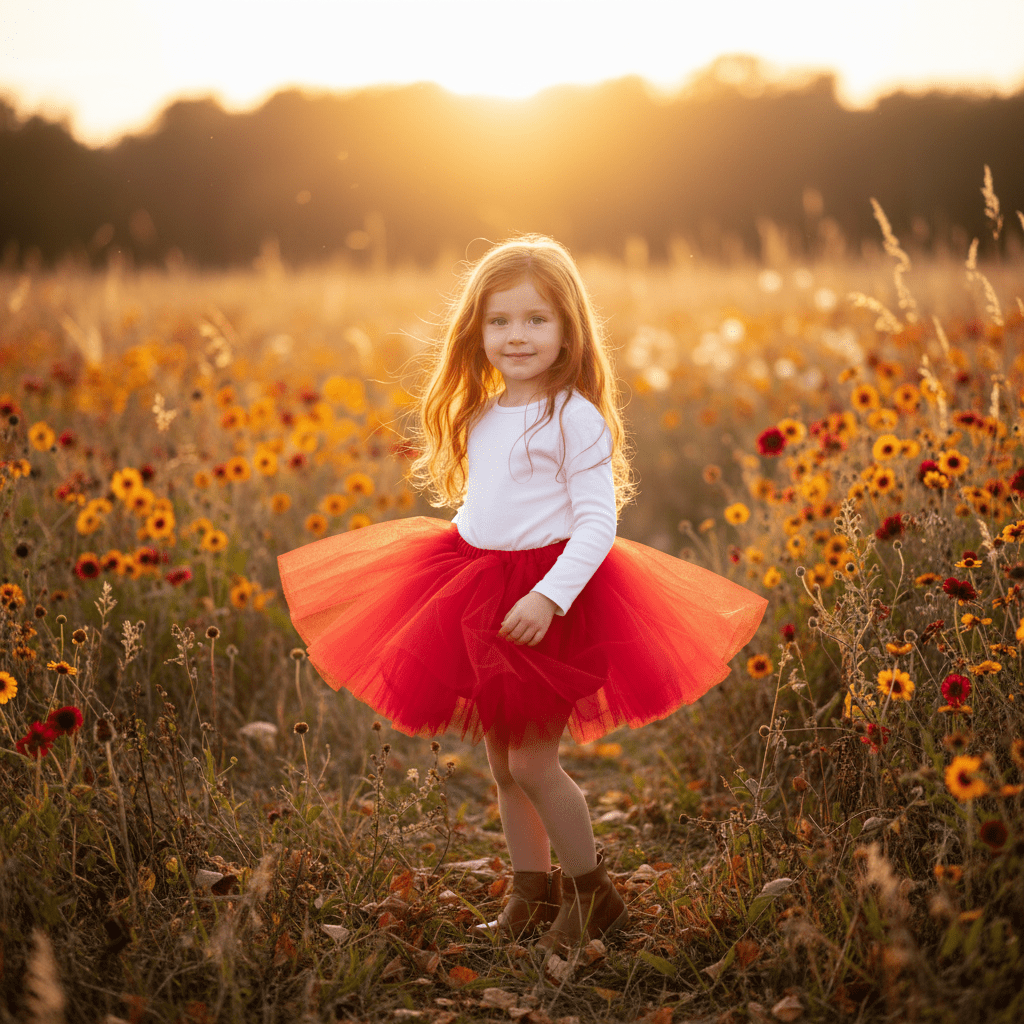 Young girl in a red tutu standing in a field of flowers during sunset.
