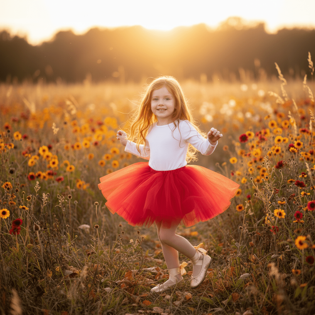 Young girl in a red tutu standing in a field of flowers during sunset.