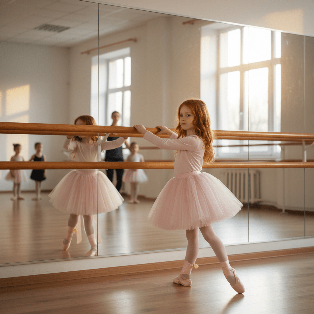 Young girl in a ballet class practicing at a barre in a well-lit studio.