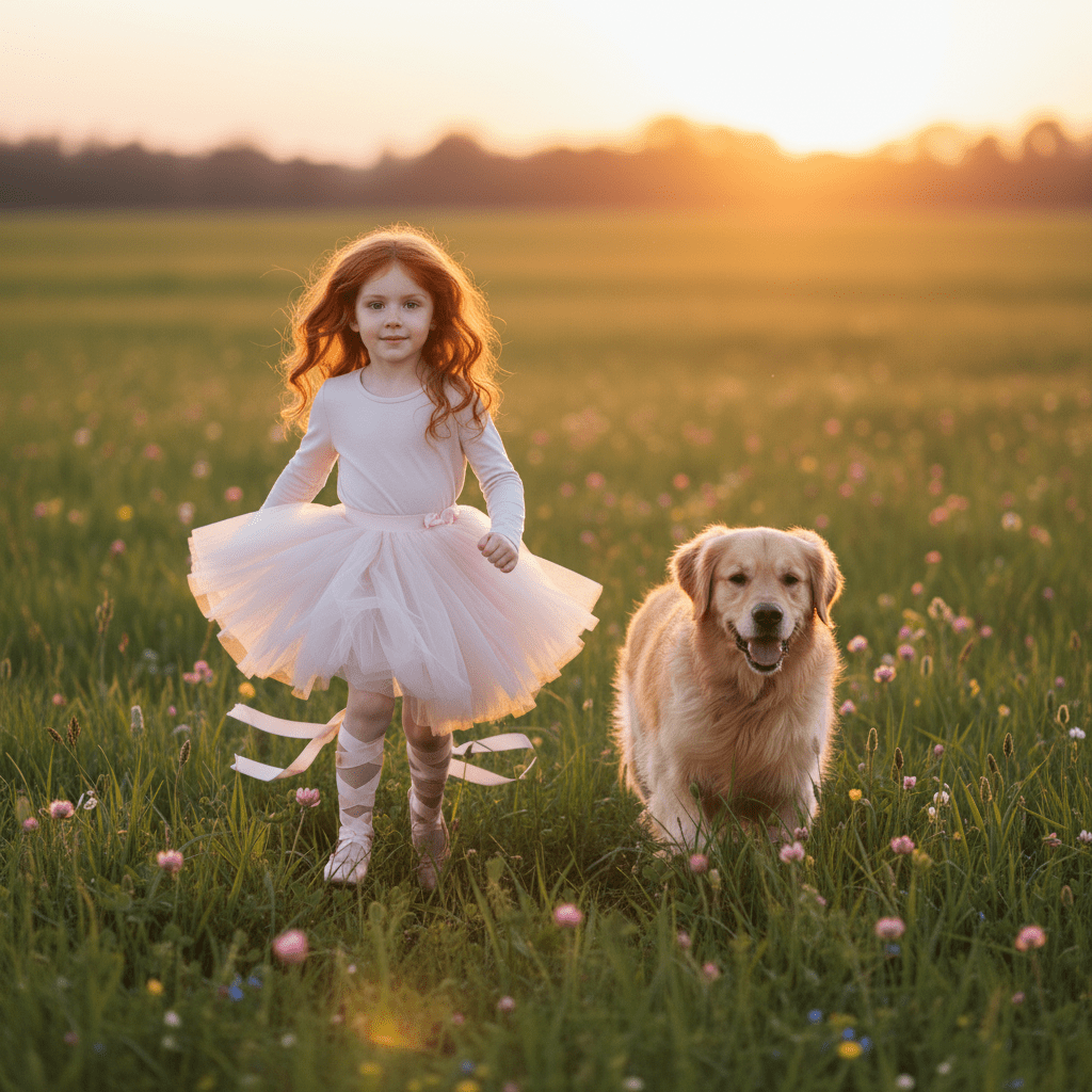 Young girl in a white dress running with a golden dog in a field at sunset.