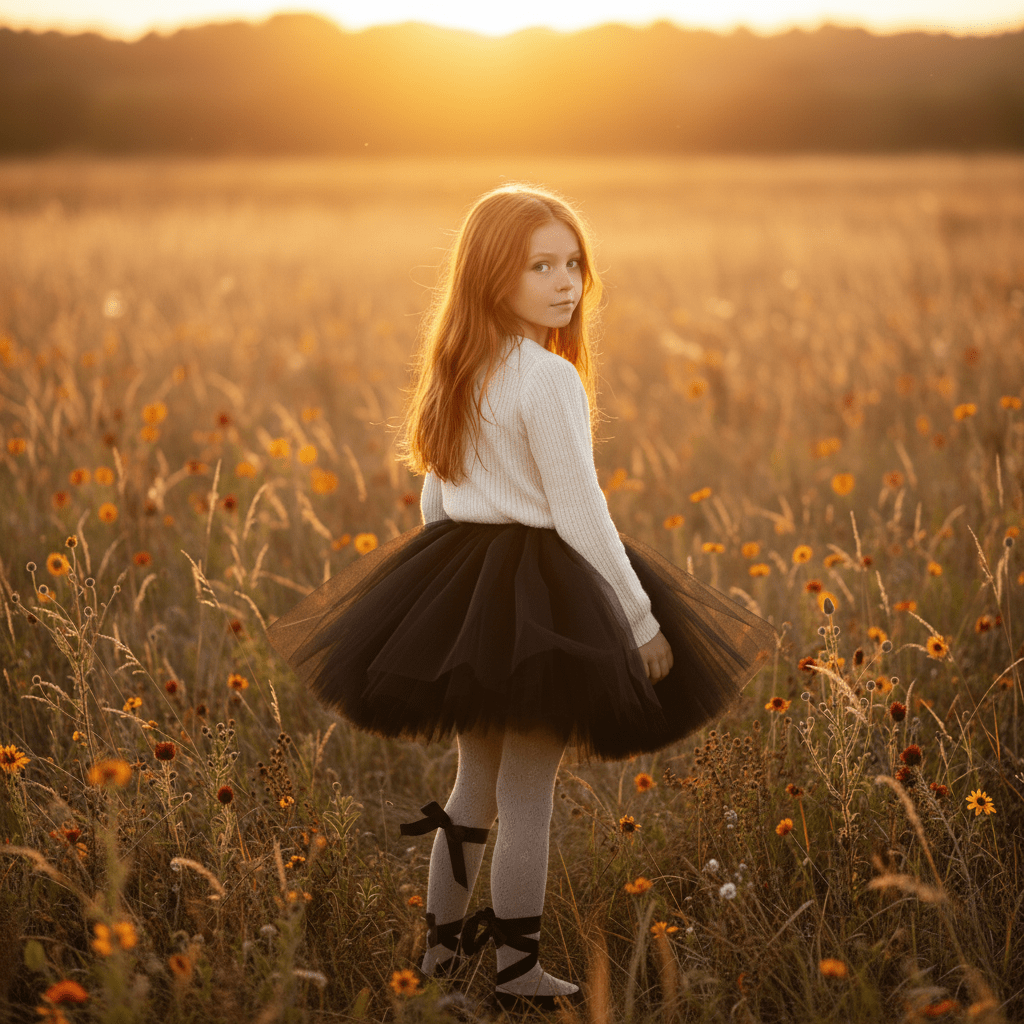 Young girl in a black tutu standing in a field of flowers at sunset.
