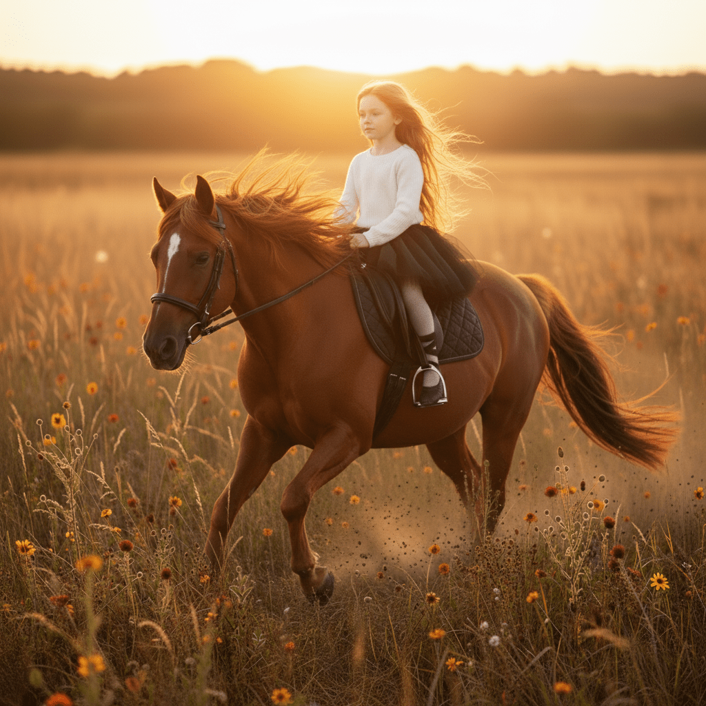 Woman riding a horse in a field with sunset lighting