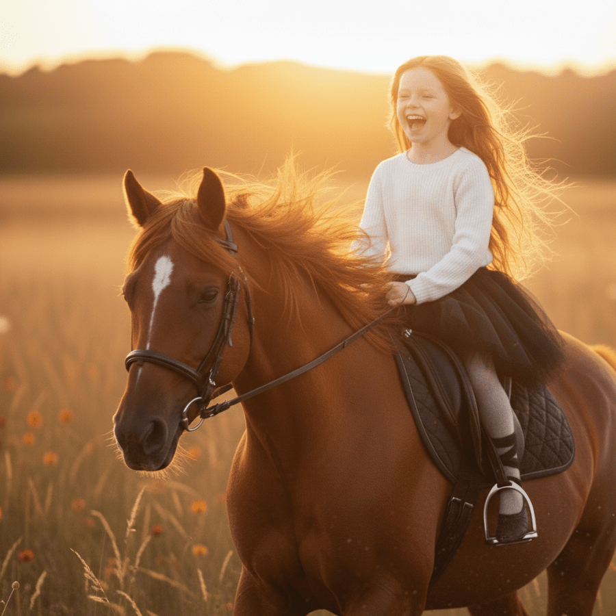 Girl riding a horse in a field at sunset