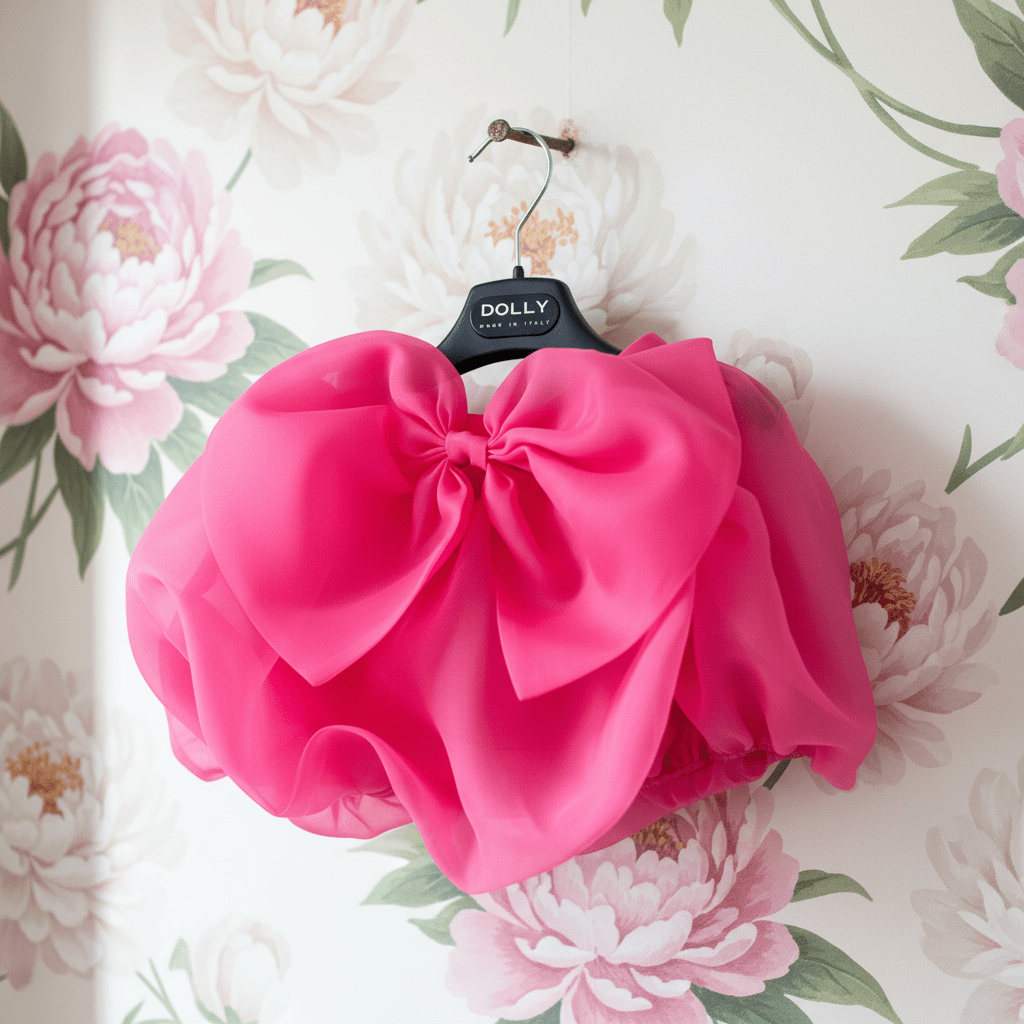 Pink sheer top with a large bow on a floral background