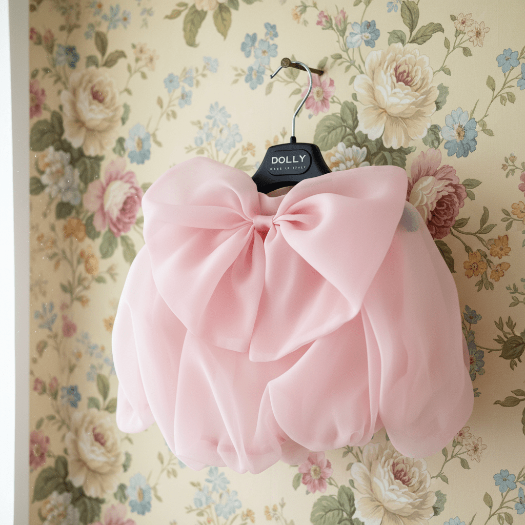 Pink bow on a hanger against a floral wallpaper background